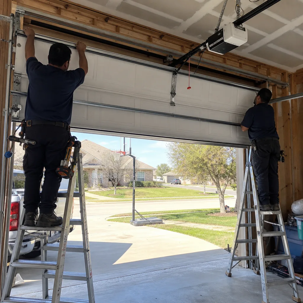 Two professional technicians installing a new residential garage door on ladders