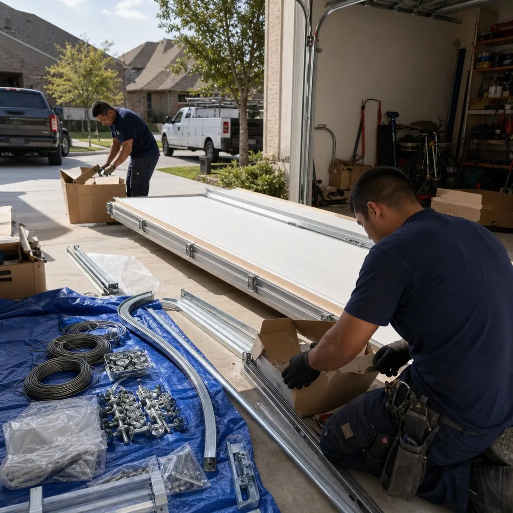 Professional technicians performing a residential garage door installation
