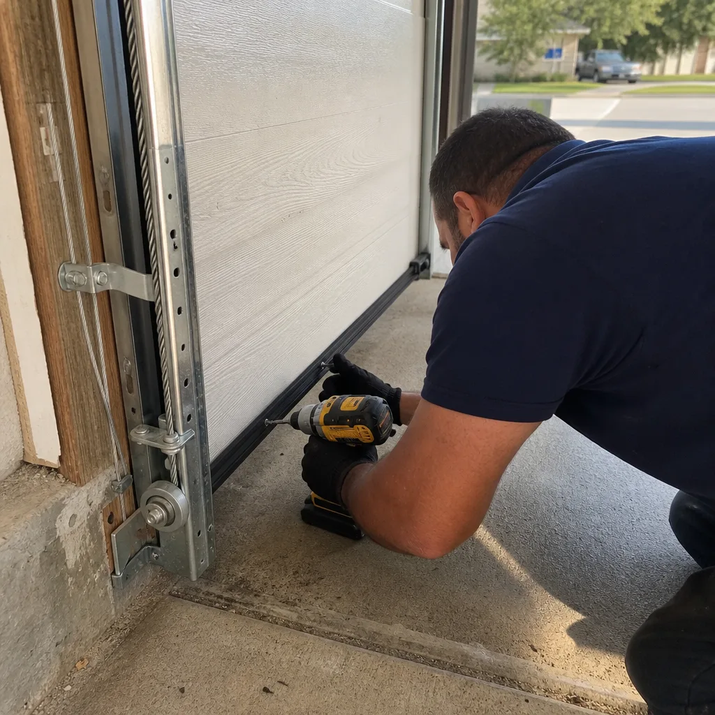 Technician using a power drill to install a new garage door seal