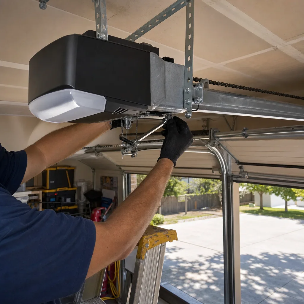 Technician performing professional garage door opener repair and installation