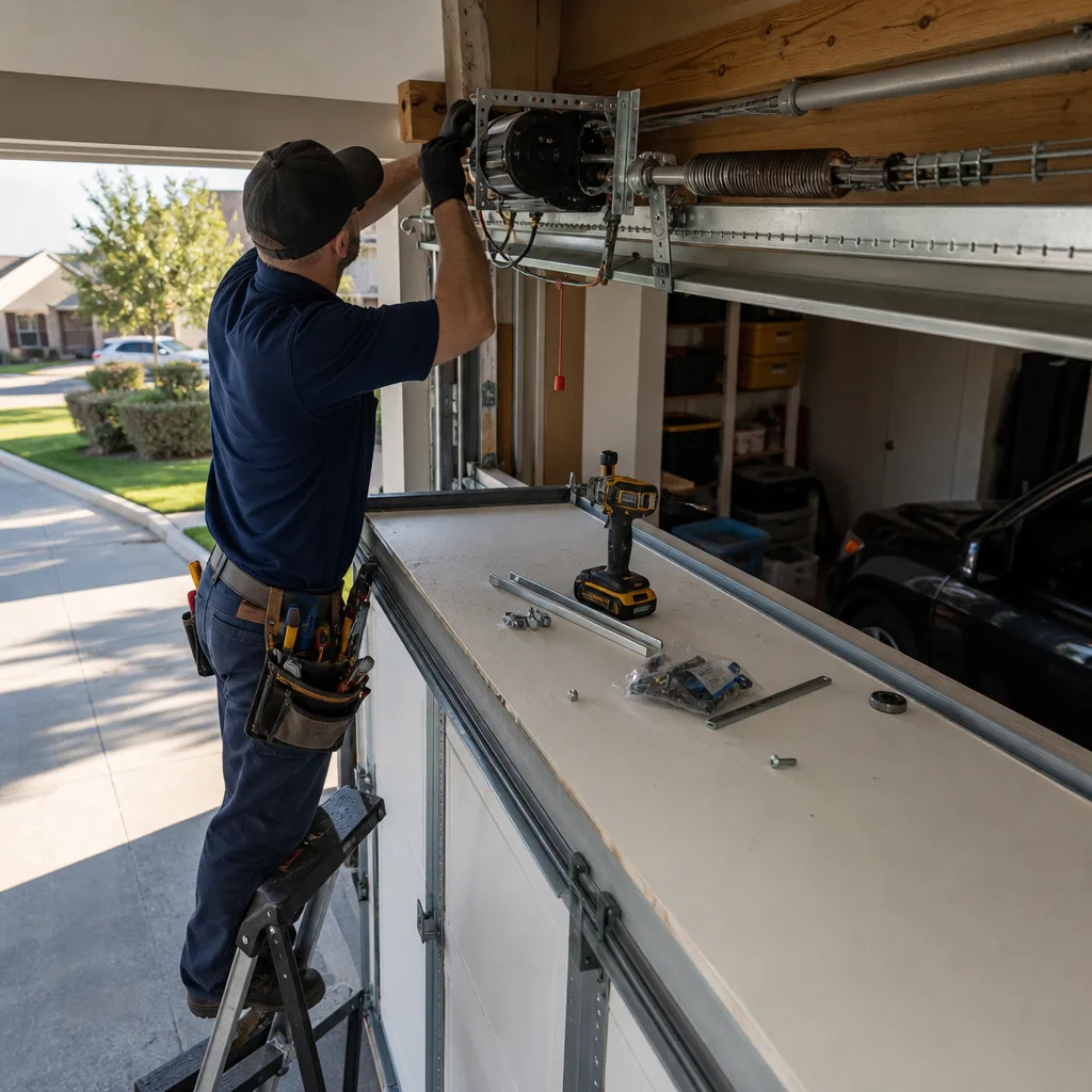 Technician performing professional garage door opener repair and maintenance.