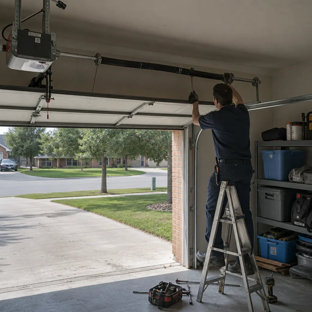 Professional technician performing garage door spring repair on a ladder
