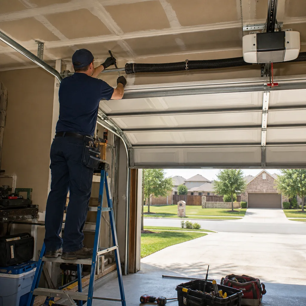 Professional technician performing garage door torsion spring repair on a ladder