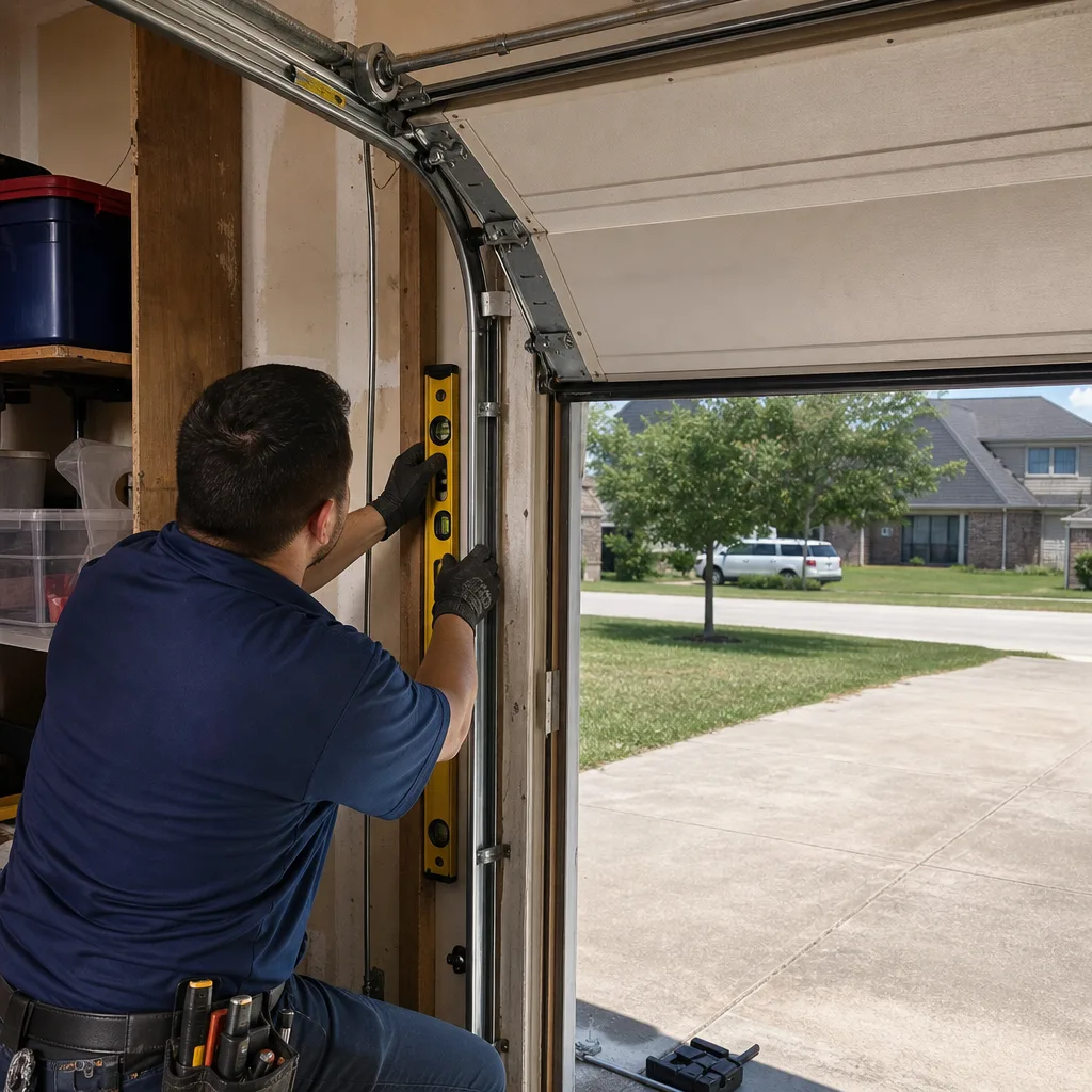 Technician using a level to align a garage door track
