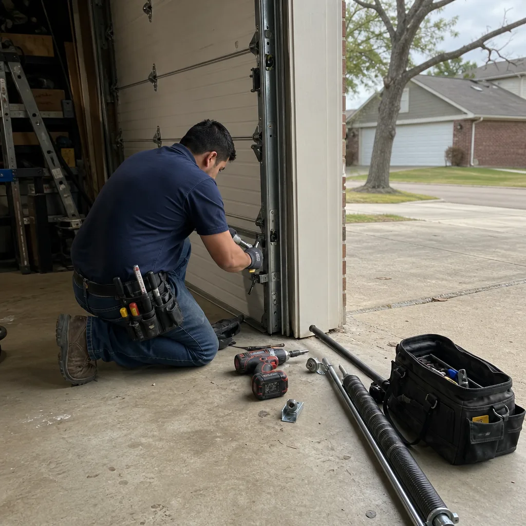 Technician performing emergency garage door repair with professional tools in Allen, TX