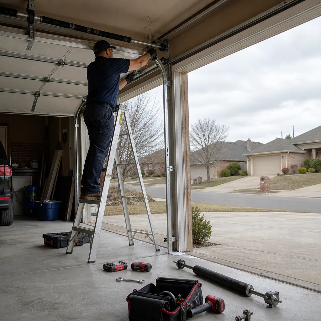 Technician performing an emergency garage door repair on a ladder nationwide