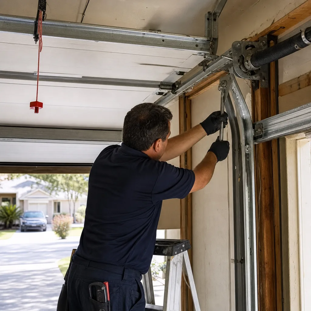 Technician performing professional emergency garage door repair services nationwide