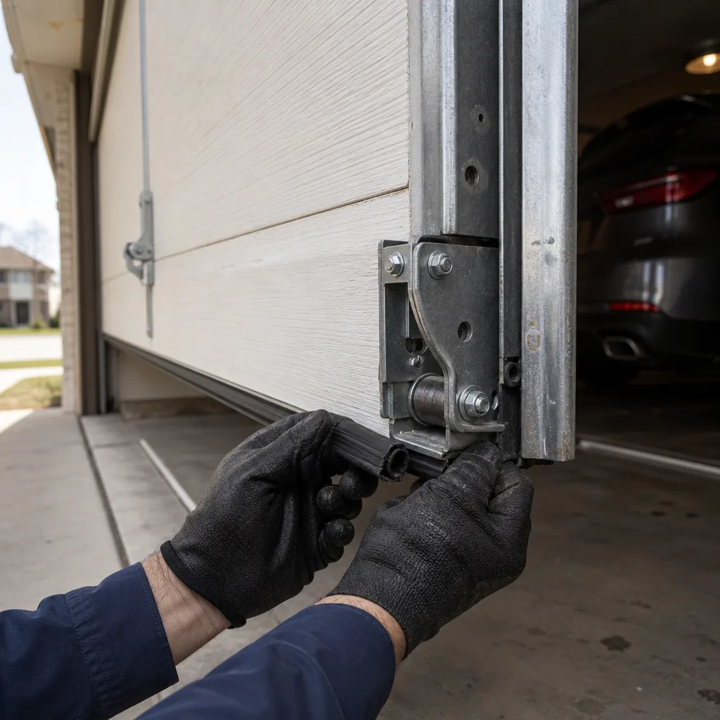Technician replacing garage door bottom weather seal and maintenance parts nationwide