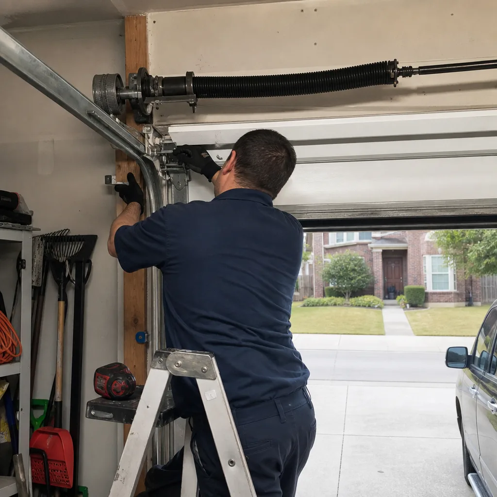 Technician performing professional garage door spring repair and maintenance. in Prosper, TX