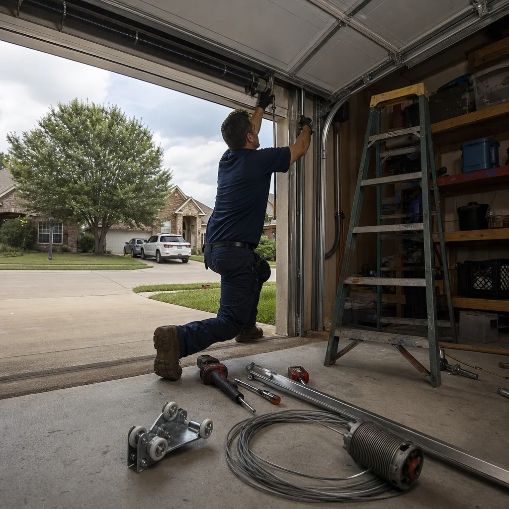 Technician performing professional garage door repair and parts maintenance. in McKinney, TX